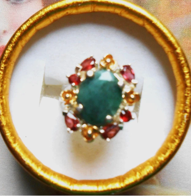 Bague Ancienne En Argent Et Vermeil - Grenats Sculptés Fleurs, Taille 58, Style Harem