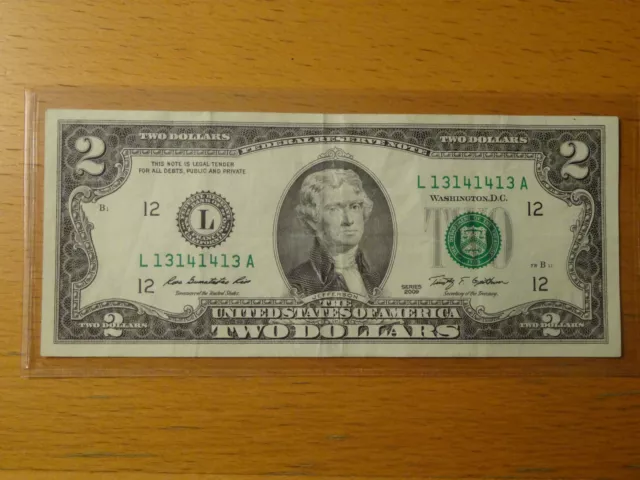 Lucky 2009 $2 Two Dollar Federal Note Fancy serial 13141413