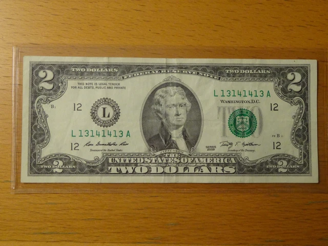 Lucky 2009 $2 Two Dollar Federal Note Fancy serial 13141413