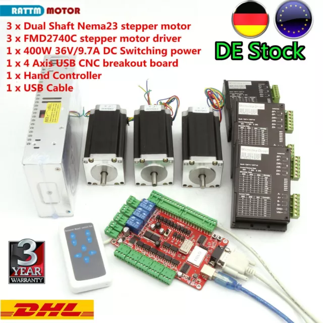 『DE』3 Axis CNC Kit Nema 23 Stepper Motor 2.8Nm (425oz-in) 112mm Driver USB Card