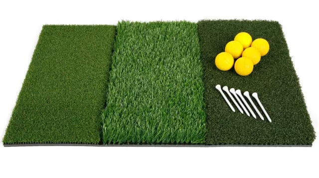 Orlimar Golf - Triple Surface Hitting Mat - Tee Box Fairway Rough 6 Tees & Balls