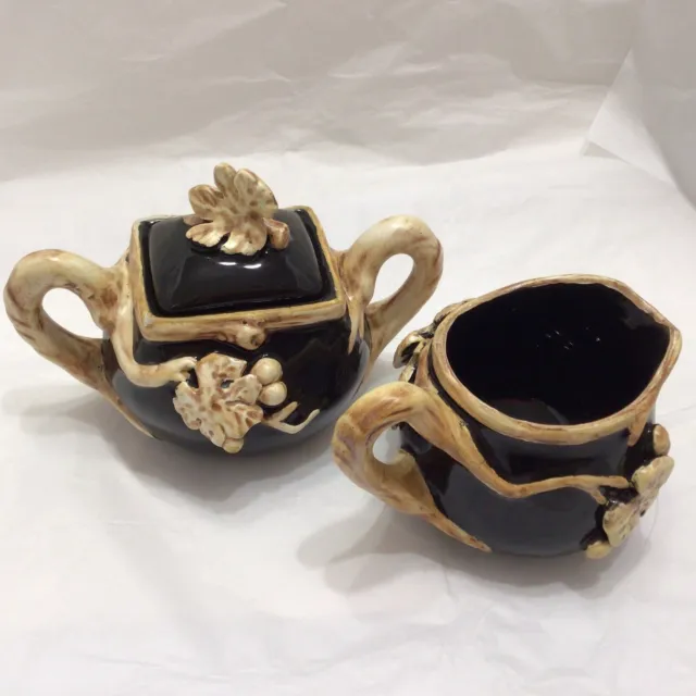 Fitz & Floyd Black Glazed Ceramic Creamer/ Sugar Bowl Applied Beige Grapes Mint