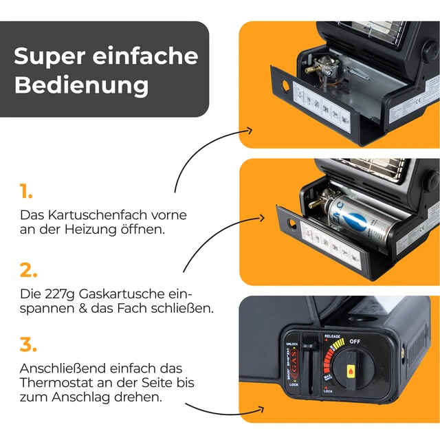2in1 Tragbare Gasheizung 1,3KW Camping Butan Gas Kocher Keramik + Gaskartuschen 3