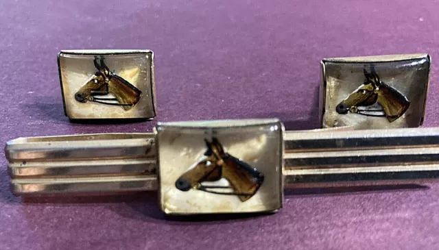 VTG./Antique ANSON Intaglio Equestrian Carved Glass Cufflinks Tie Bar Clip Horse