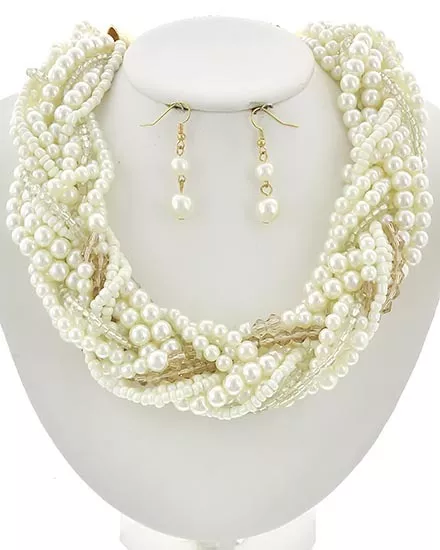 Braided Twist Multi Row Cream Pearl Necklace Set Statement Fashion Jewelry