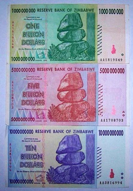 3 Zimbabwe banknotes-1 x 1, 5 & 10 Billion dollars -paper money currency