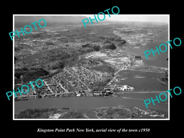 OLD POSTCARD SIZE PHOTO KINGSTON POINT PARK NEW YORK AERIAL VIEW OF TOWN c1950