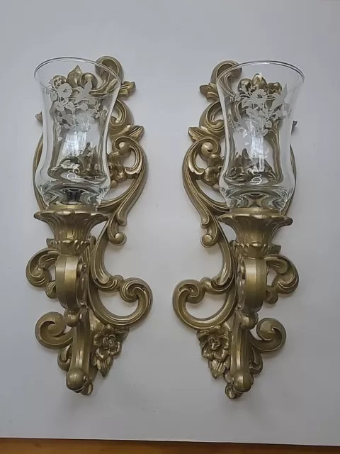 Homco 1971 Ornate Gold Floral Scroll Wall Sconces Candle Holders Set Of 2