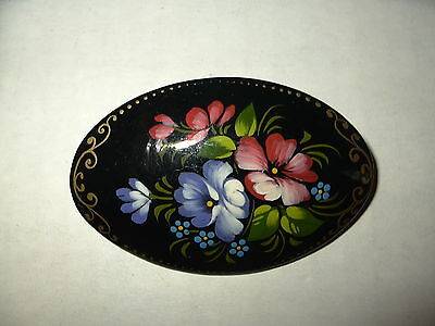 Vintage Signed Russian Hand Painted Flowers On Black Lacquer Wood Brooch Pin (3)