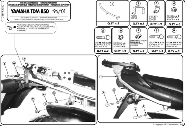 K3360 KAPPA attacco bauletto MONOKEY o MONOLOCK PER YAMAHA TDM 850 2000 2001