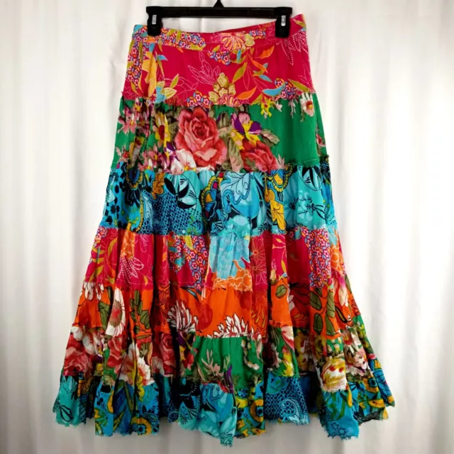 Derek Heart Boho Festival Peasant Midi Skirt Size M Floral Tiered Cotton Frayed