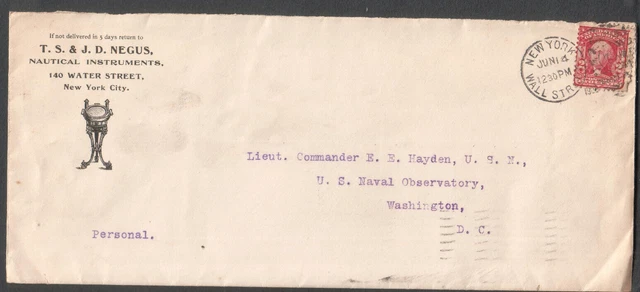 1906 ad cover Negus nautical instruments NY to Lt Cmdr E E Hayden Naval Observat