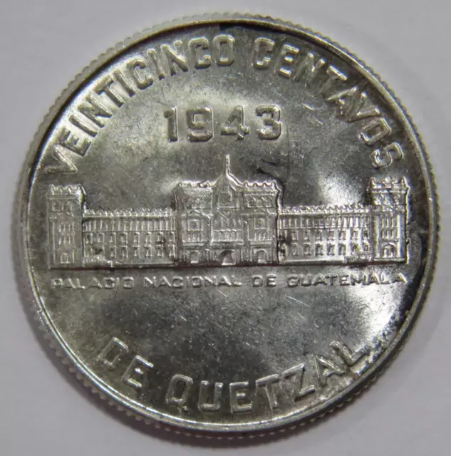 Guatemala 1943 25 Centavos Quetzal Bird National Palace Silver World Coin 🌈⭐🌈