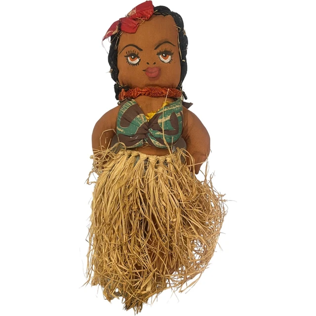 Vintage Hawaii Hawaiian Tiki Doll Cloth Rag Grass Skirt 14" Handpainted Souvenir