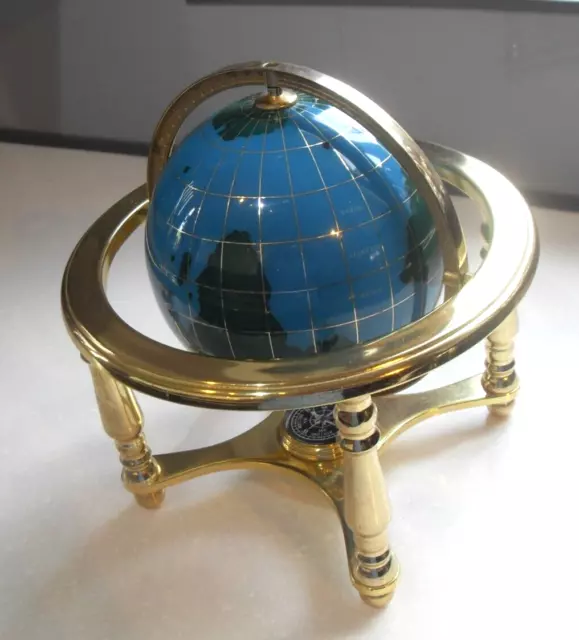 Osborne & Allen Semi Precious Gemstone World Globe In Brass Frame With Compass