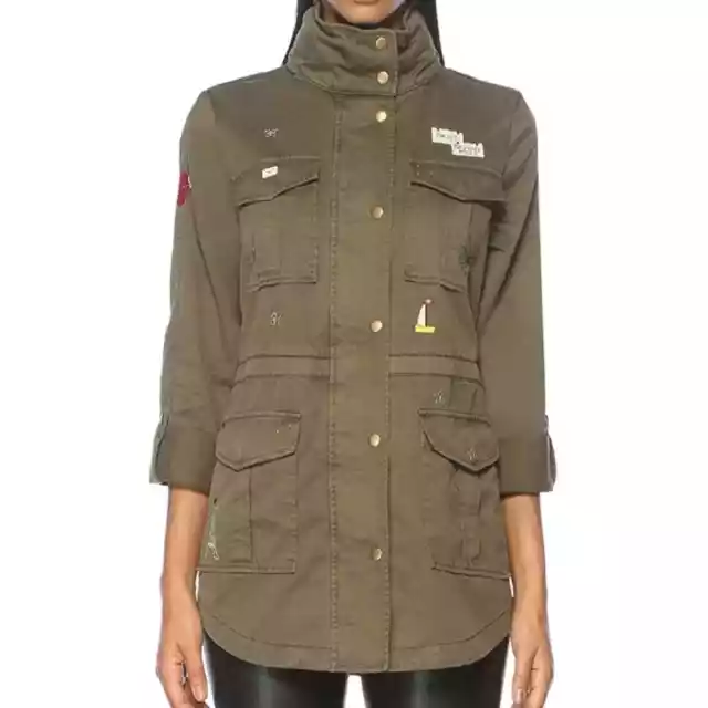 Joie Iban Fatigue Patchwork Cotton Utility Jacket in Olive Green. 2