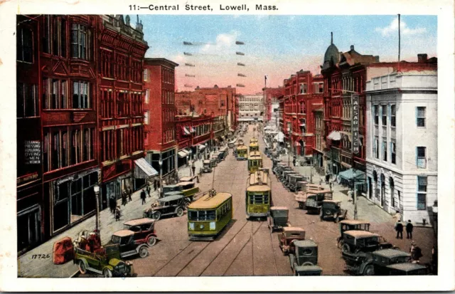 Vtg Lowell Massachusetts MA Central Street Trolley Cars Old View Postcard