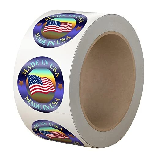 "Made in USA" Hologram Flag Labels 1-Inch Round American Flag Stickers, 2 Colors