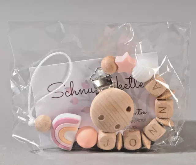 Handgemachte Schnullerkette mit Namen Geburt Geschenk Holz Silikon Nuckelkette