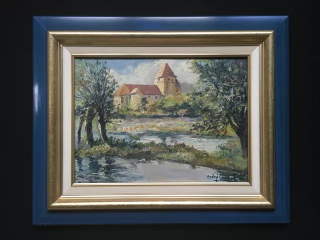 André COUCHET XX ème Tableau Peinture Huile PAYSAGE DE BORD DE RIVIÈRE Encadrée