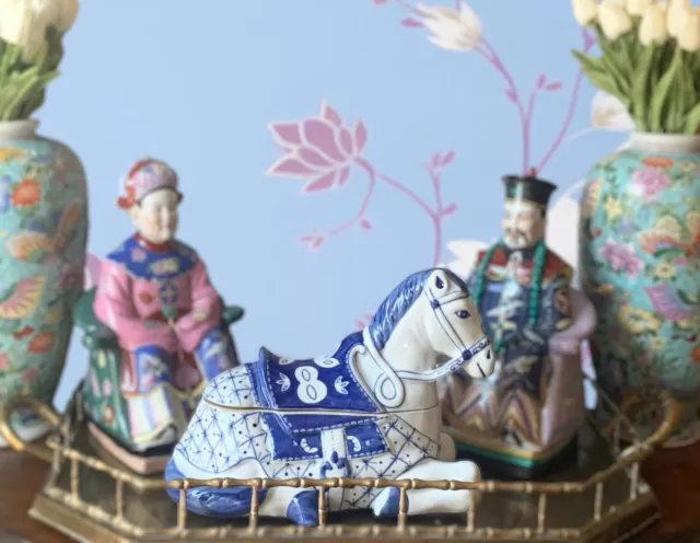 Horse Trinket Box with Lid Blue and white Porcelain Statue Vintage Decor