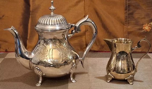 Superb Quality Antique Silver-Plated Teapot & Creamer Ornately Engraved C.1900