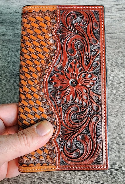 Ranger Western Floral Tooled Basket Weave Leather Rodeo Wallet