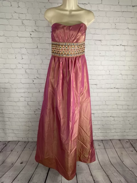 VTG Kay Unger Embroidered Beaded Pink/ Orange Strapless Dupioni Silk Dress 8