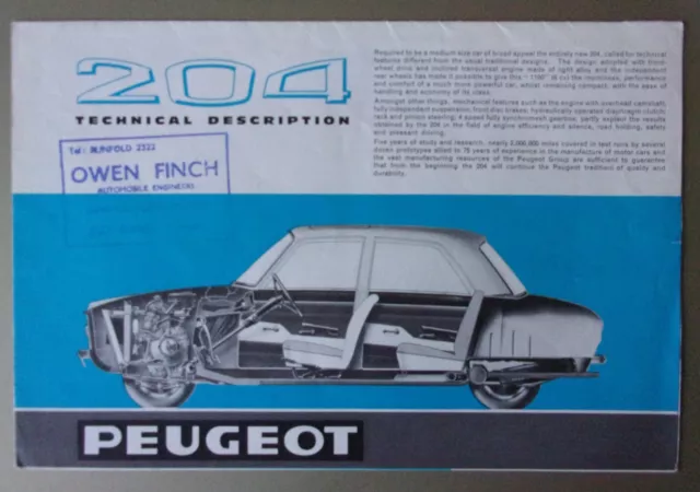 PEUGEOT 204 SALOON orig 1965 UK Mkt Technical Description Brochure