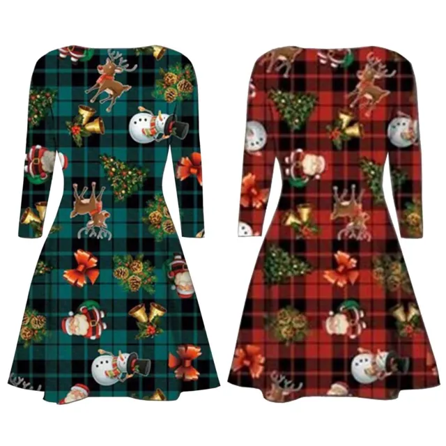 Nuovo abito oscillante donna stampa tartan albero di Natale renna regalo di Babbo Natale campane svasato