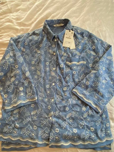 Zara Womens XL Blouse Shirt Cornflower Blue Embroidered Bnwt Designer