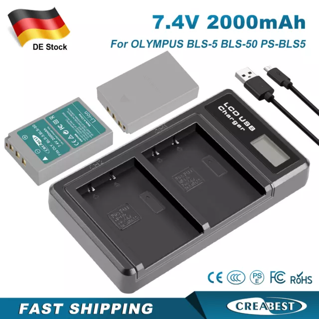 2 x 2000mAh Akku für Olympus Batterie BLS-5 BLS-50 PS-BLS5 Pen + Dual Ladegerät