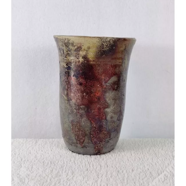 Raku Art Vase Brown Iridescent Tones Textured Rustic Tumbler Thrown Pottery 5.5"