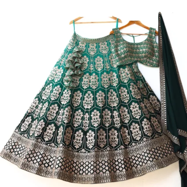 Shaded Green Lehenga Choli Sequin Thread Embroidery Work Lengha Chunri Saree