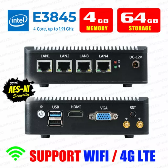 Fanless Mini PC Intel Atom® E3845 4 LAN 4G RAM/64G SSD pfSense Firewall AES-NI