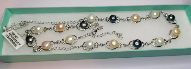 Cultured Freshwater Pearl necklace Bracelet Set Chain Tricolour Boxed 603