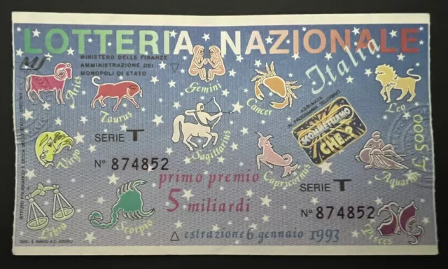 Biglietto Lotteria Nazionale Italia 1992 - estrazione 6 gennaio 1993 -