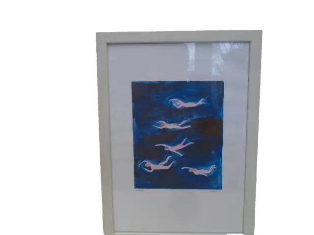 SWIMMERS by Lizzie Stewart   Fabulous artist signed watercolour / lithograph WOW