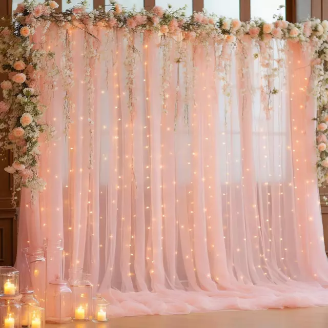 10X10Ft Peach Tulle Backdrop Curtain with Lights String for Parites, Sheer Backd