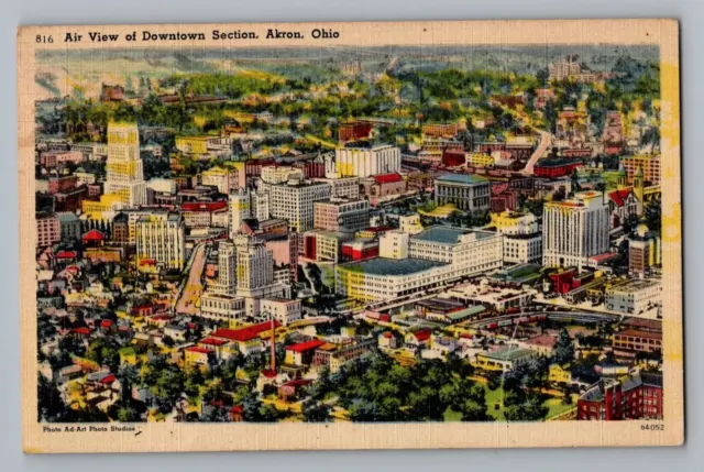 Akron Ohio OH Aerial View Downtown Vintage Linen Postcard 1944