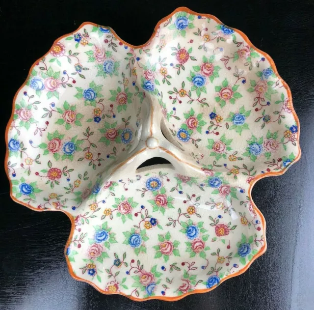 Vintage Chintz Floral Divided 3 Section Relish Dish Tray With Handle 7" Japan