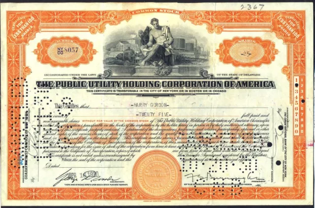 1930 Share Certificate for THE PUBLIC UTILITY HOLDING CORPORATION OF AMERICA