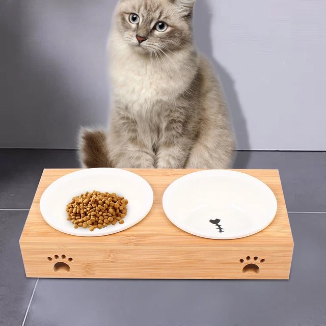 Pet Dog Cat Food Feeder Ceramic Bowls Tableware Bamboo Elevated Raised Stand