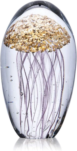 YU FENG Crystal Glass Jellyfish Figurine Handmade Blown Art Golden Paperweight