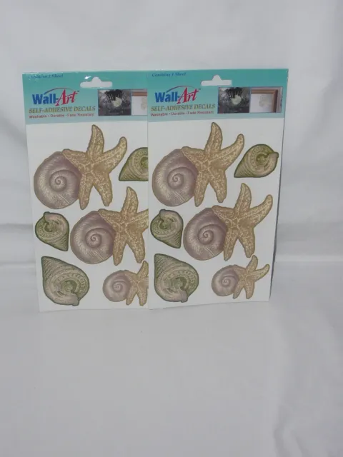 Wall Art Self Adhesive Decals Sea Shells Washable Fade Resistant New Lot of 2
