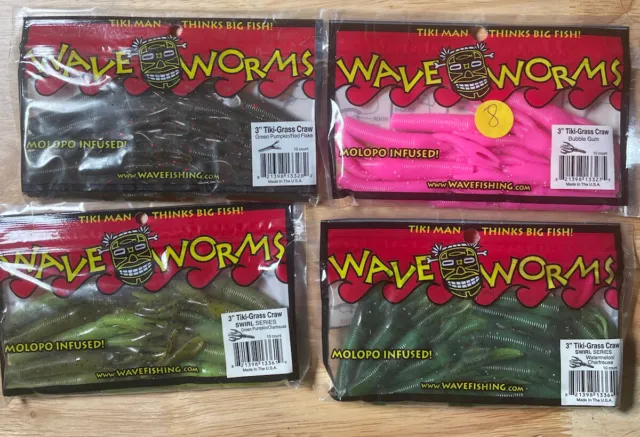 Lot 4 Wave Worms 3" Tiki Grass Craw Bubblegum Watermelon Green Pumpkin Jig Trail