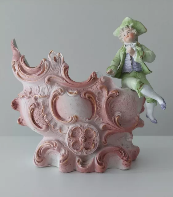 Antique Victorian Bisque Porcelain Spill Vase Planter Girl Shell Boat Figure