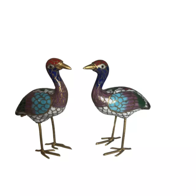Pair of Vintage Multicolor Cloisonné Asian Enameled Bird Stork Crane 3.5” Tall