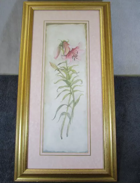 Lovely Large Vintage Framed Peggy Abrams Print Floral Pink Stargazer Lily Flower
