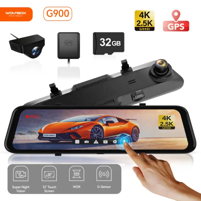 WOLFBOX G900 Mirror 4K Rear View Camera Dash Cam Front and Rear Free 32GB Card